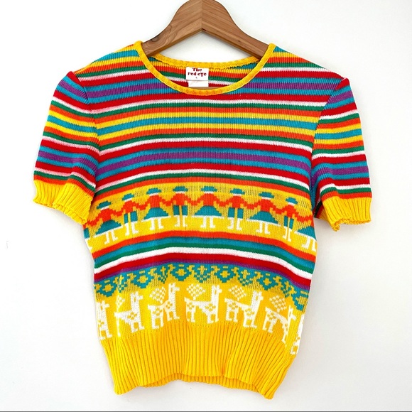 Vintage Sweaters - Vintage Red Eye Short Sleeve Sweater Multicolor Large Art Hoe Aesthetic TikTok